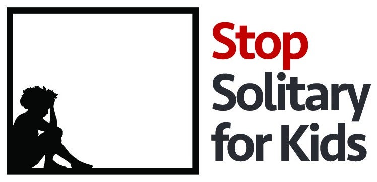 Logo for Stop Solitary for Kids Campaign, child kneeling in box.